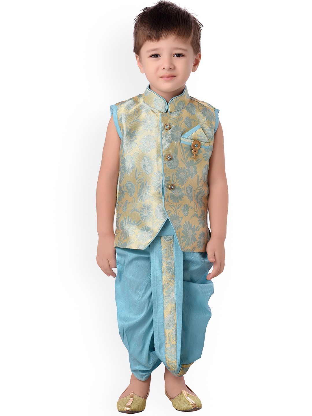 

BAESD Infants Boys Floral Woven Design Mandarin Collar Kurta With Dhoti Pants, Blue