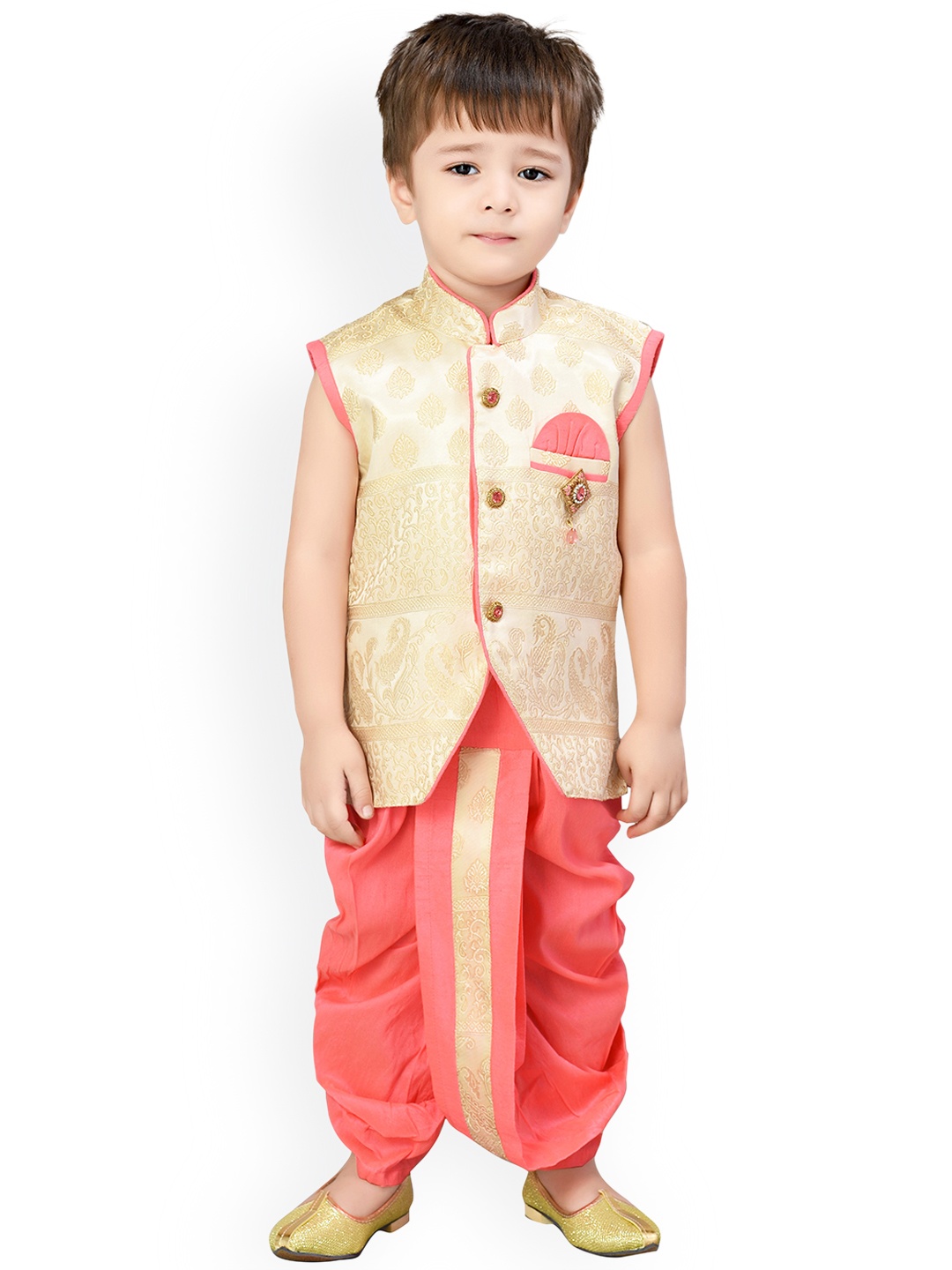 

BAESD Boys Floral Woven Design Silk Cotton Straight Kurta With Dhoti Pants, Pink