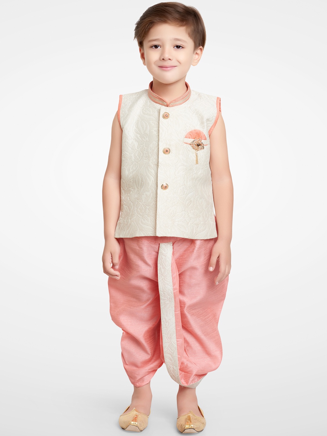 

BAESD Boys Floral Woven Design Silk Cotton Straight Kurta With Dhoti Pants, Peach