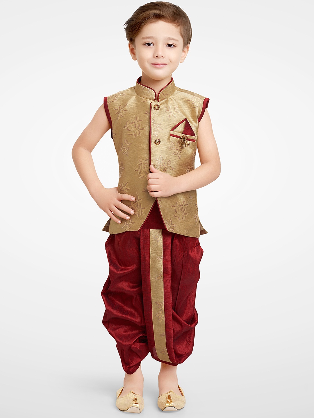 

BAESD Boys Floral Woven Design Silk Cotton Straight Kurta With Dhoti Pants, Cream