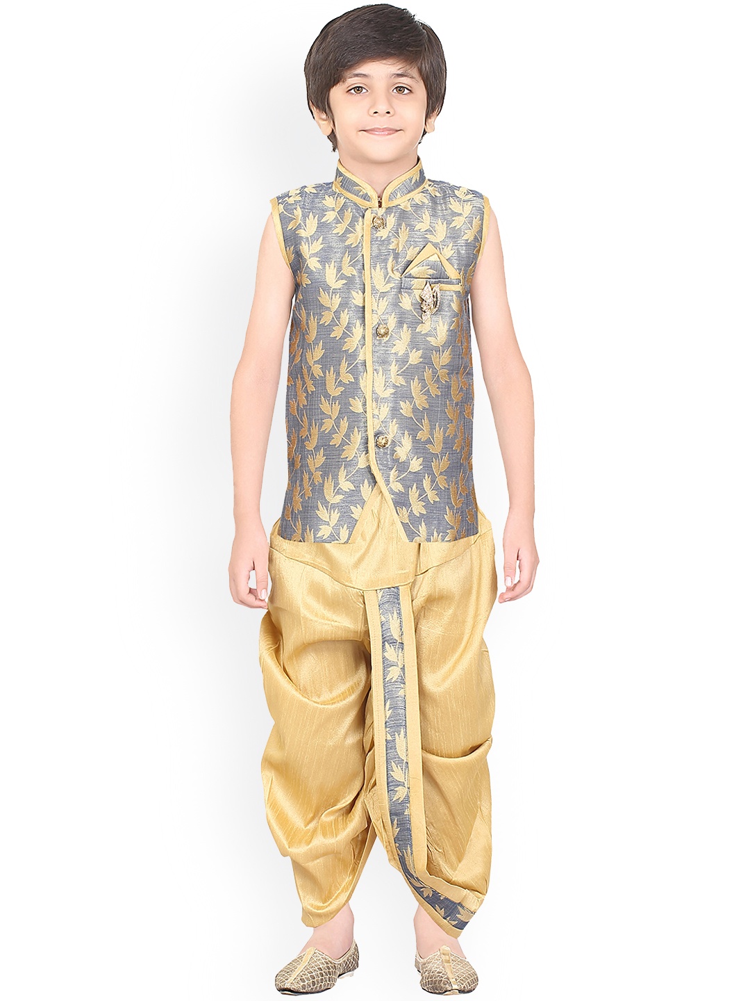 

BAESD Infants Boys Floral Woven Design Mandarin Collar Kurta With Dhoti Pants, Grey