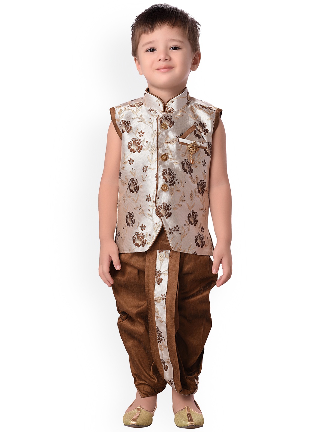 

BAESD Boys Floral Woven Design Zari Regular Silk Cotton Kurta With Dhoti Pants, Brown