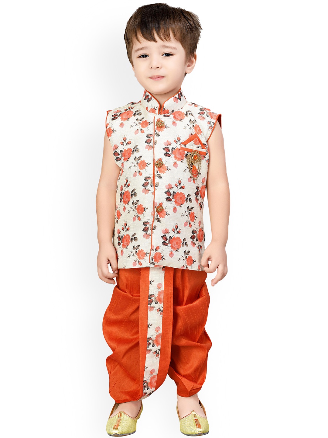 

BAESD Infants Boys Floral Printed Mandarin Collar Kurta With Dhoti Pants, Orange