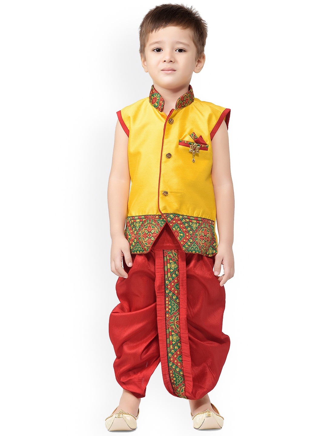 

BAESD Boys Ethnic Motifs Embroidered Regular Silk Cotton Kurta With Dhoti Pants, Yellow