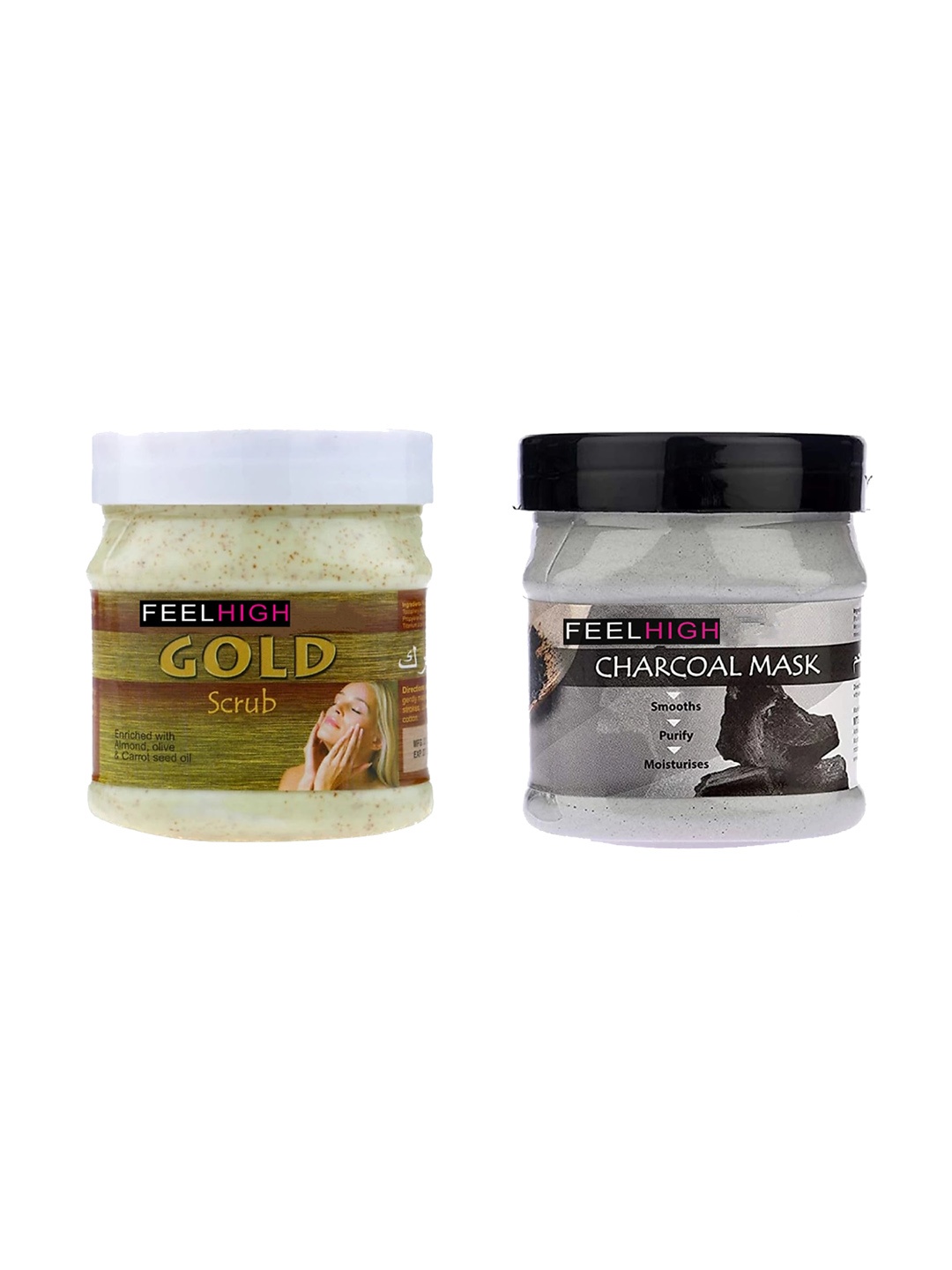 

FEELHIGH Set Of 2 Face & Body Gold Scrub & Charcoal Mask -500ml Each, Black