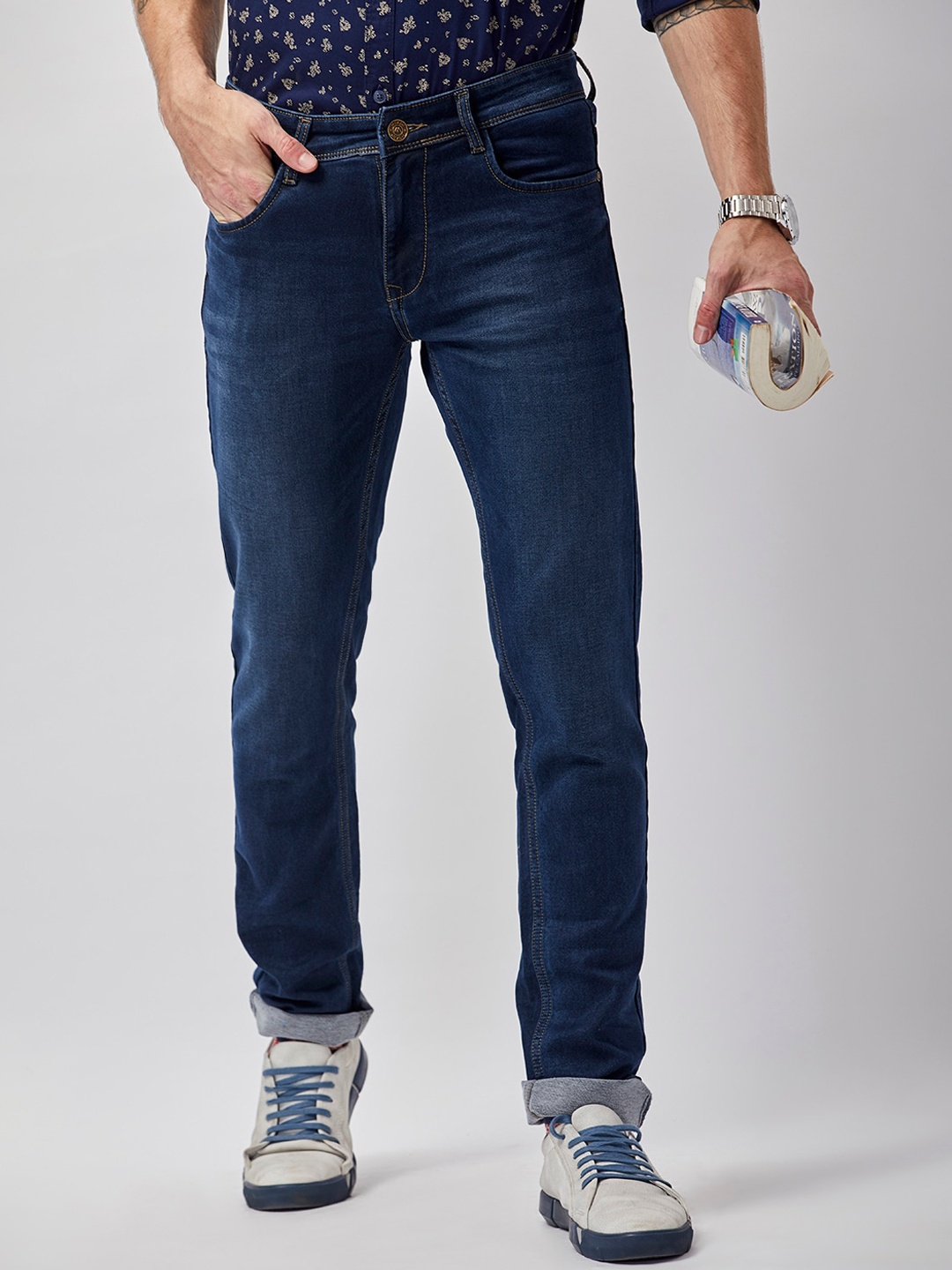 

MOZZO Men Lean Slim Fit Clean Look Stretchable Jeans, Navy blue