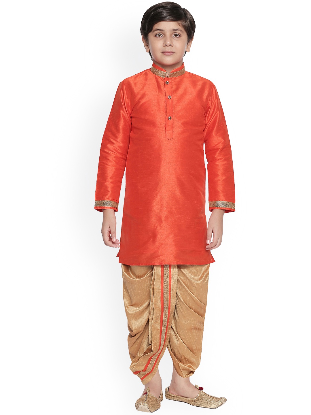 

BAESD Boys Mandarin Collar Silk Cotton Kurta with Dhoti Pants, Orange