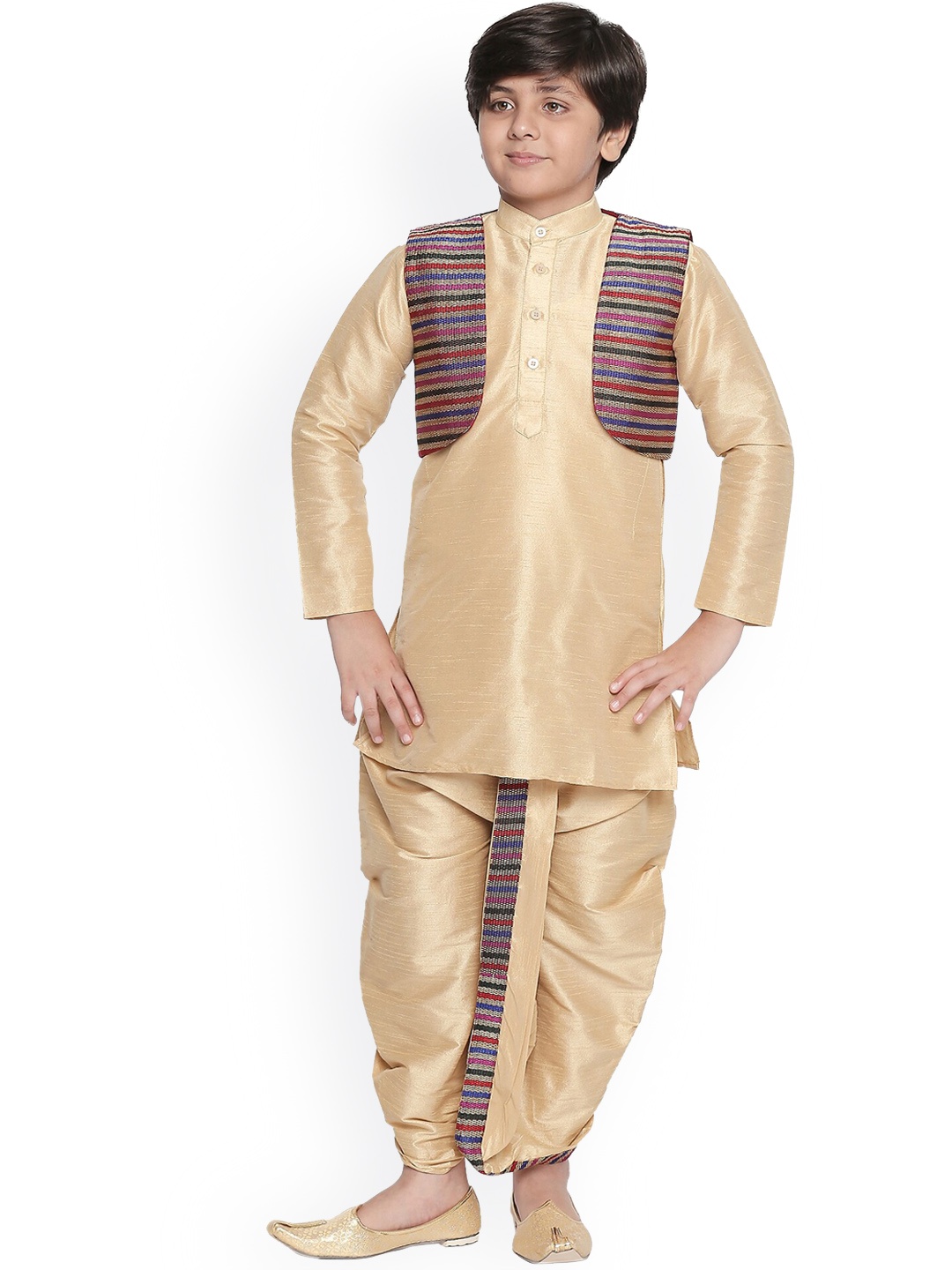 

BAESD Boys Mandarin Collar Silk Cotton Kurta with Dhoti Pants & Jacket, Cream