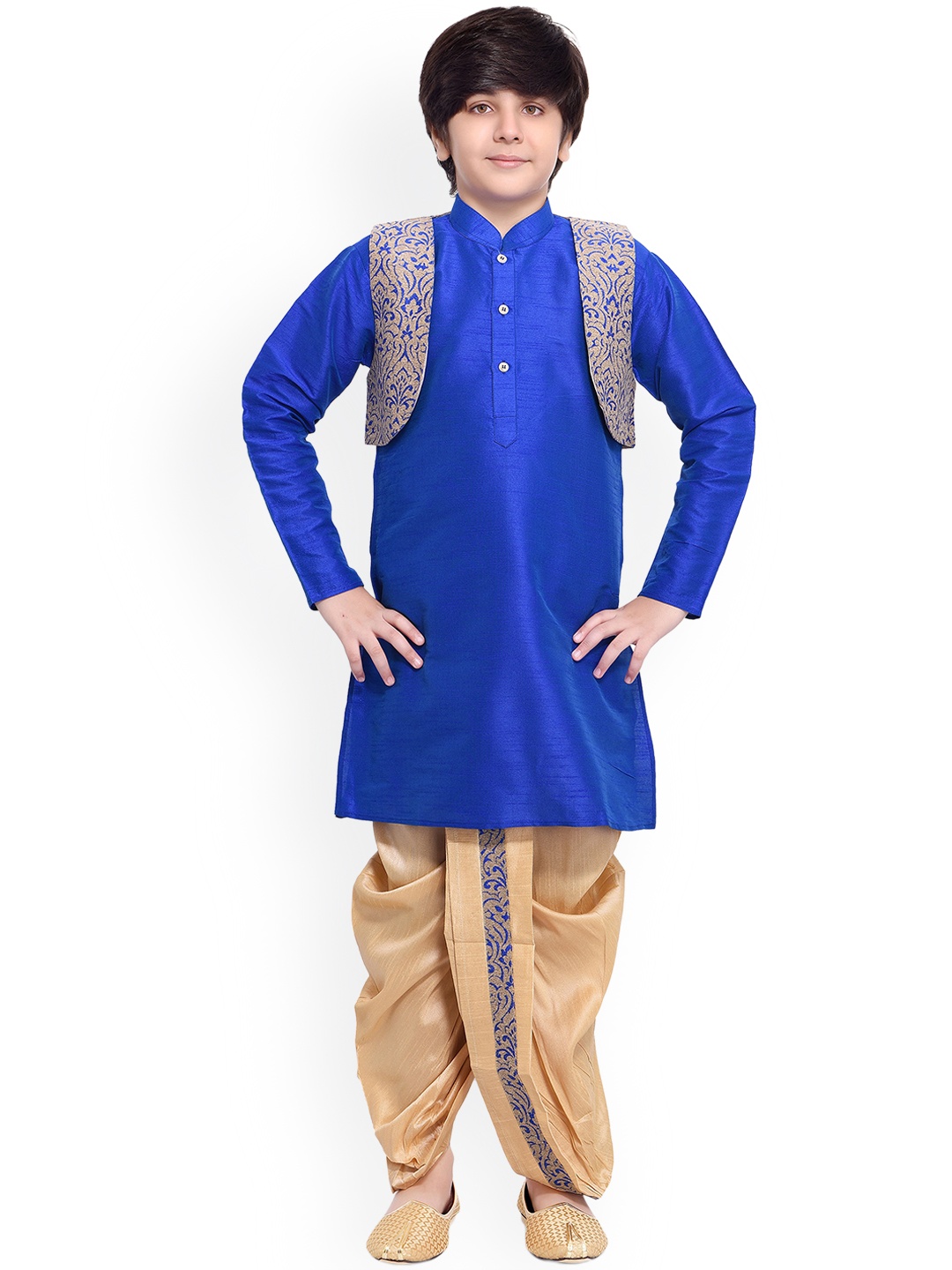 

BAESD Boys Mandarin Collar Silk Cotton Kurta with Dhoti Pants & Jacket, Navy blue