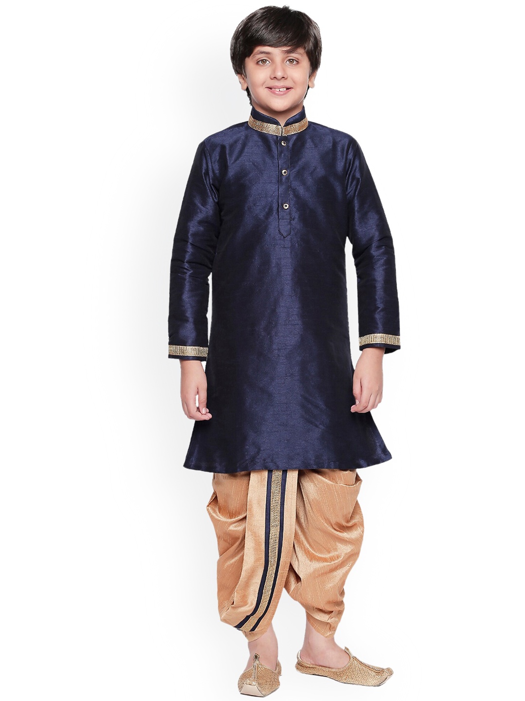 

BAESD Boys Mandarin Collar Silk Cotton Kurta with Dhoti Pants, Navy blue