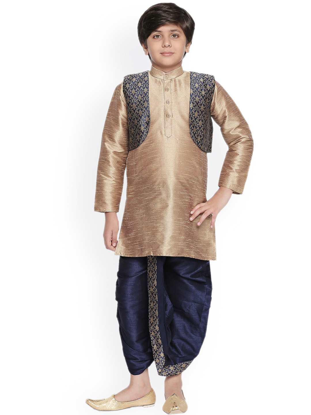 

BAESD Boys Mandarin Collar Silk Cotton Kurta with Dhoti Pants & Jacket, Beige