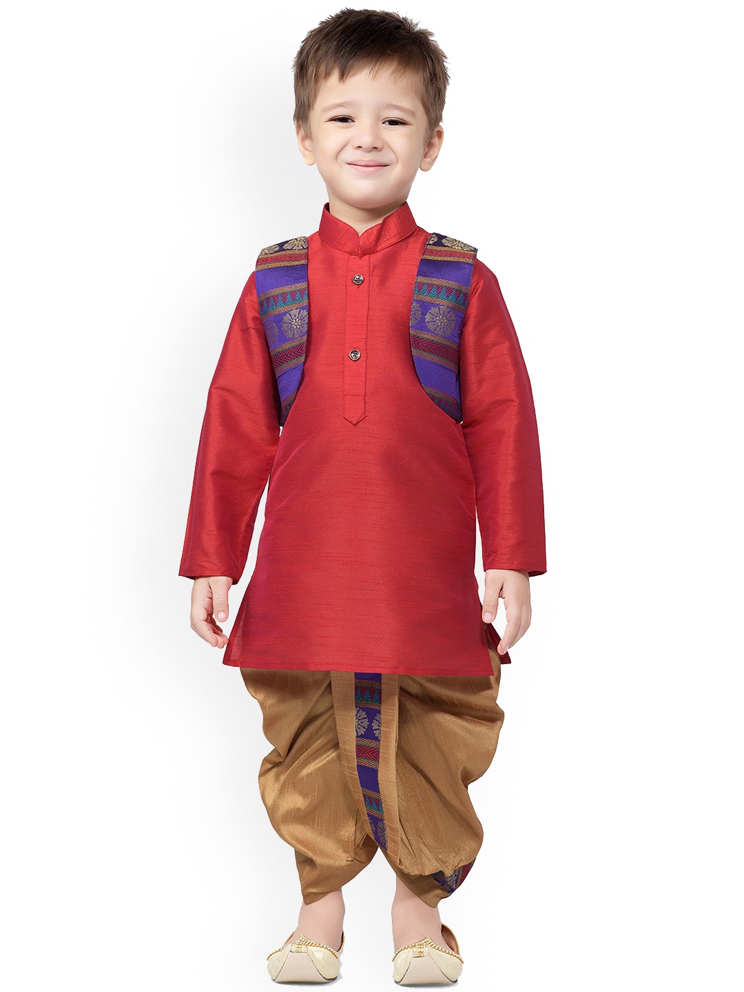 

BAESD Boys Mandarin Collar Silk Cotton Kurta with Dhoti Pants & Jacket, Red