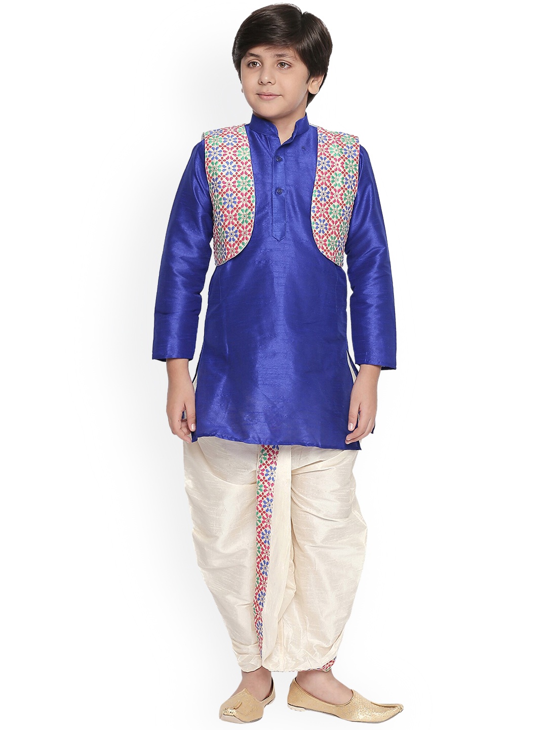 

BAESD Boys Mandarin Collar Silk Cotton Kurta with Dhoti Pants & Jacket, Blue