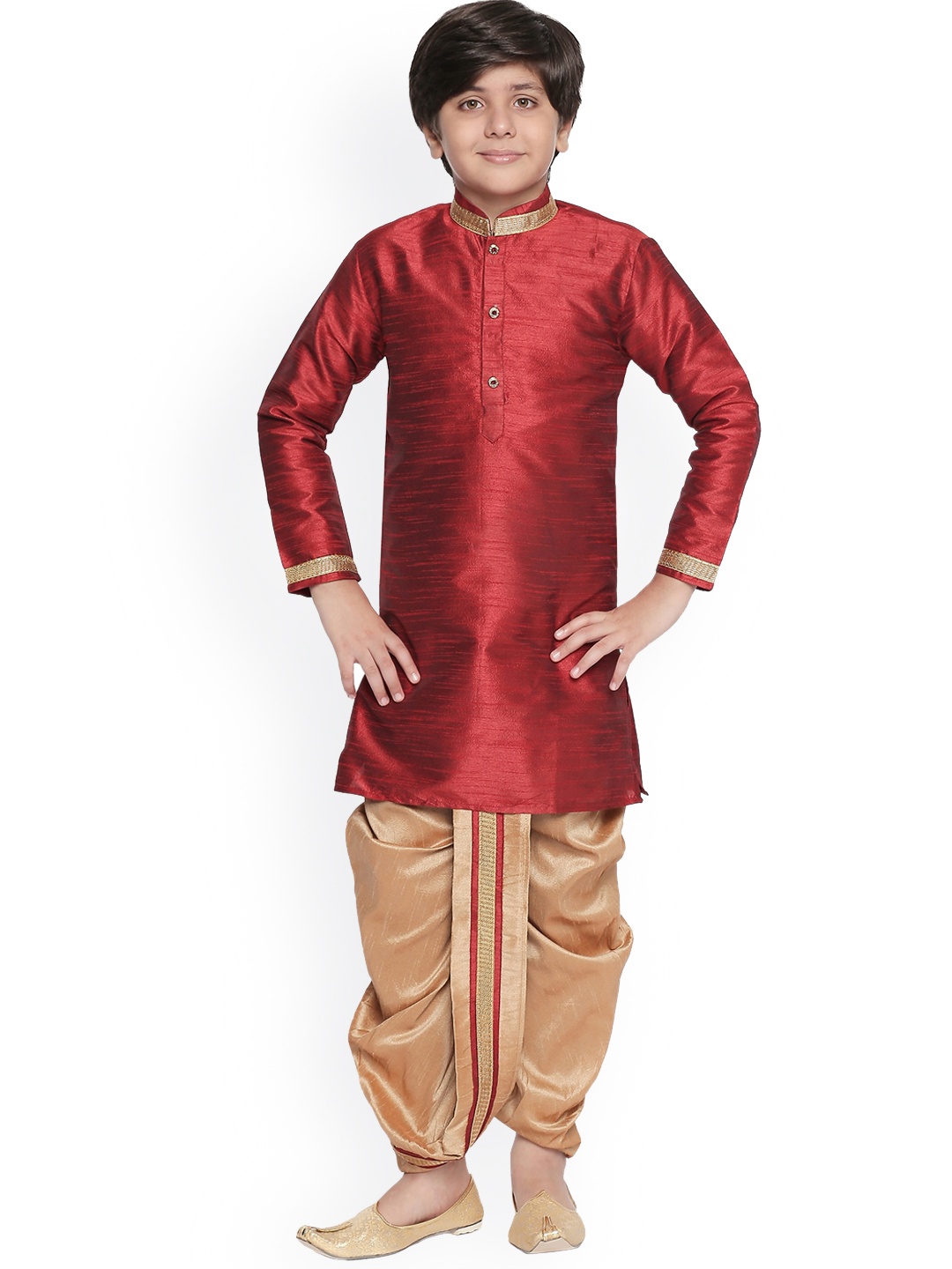 

BAESD Boys Mandarin Collar Silk Cotton Kurta with Dhoti Pants, Maroon