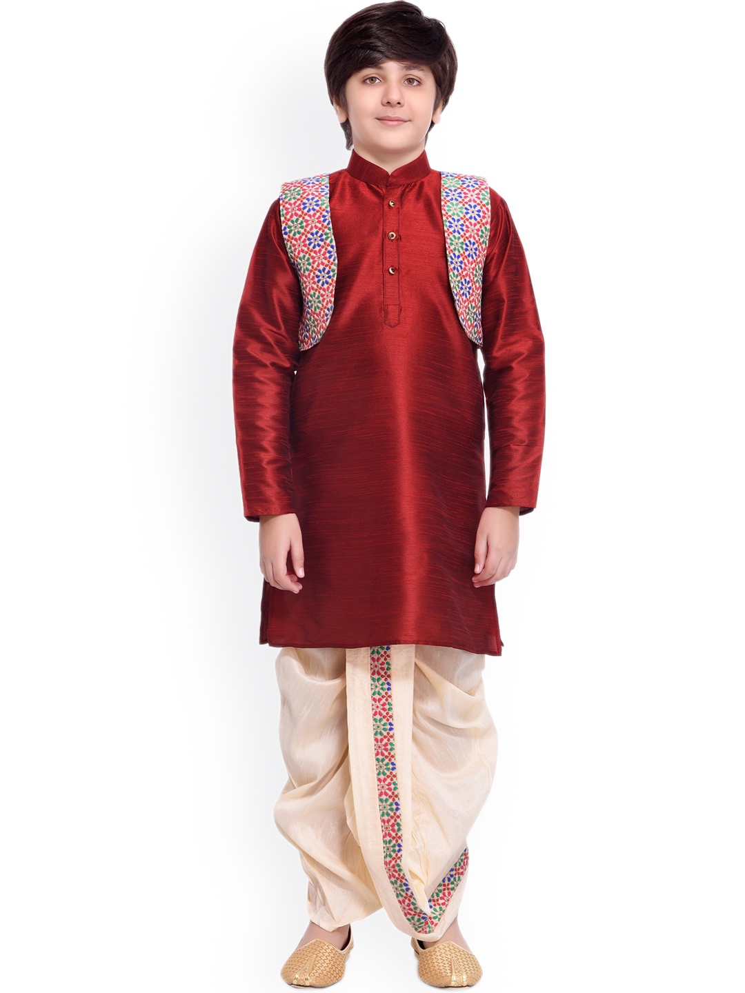 

BAESD Boys Mandarin Collar Silk Cotton Kurta with Dhoti Pants & Jacket, Red