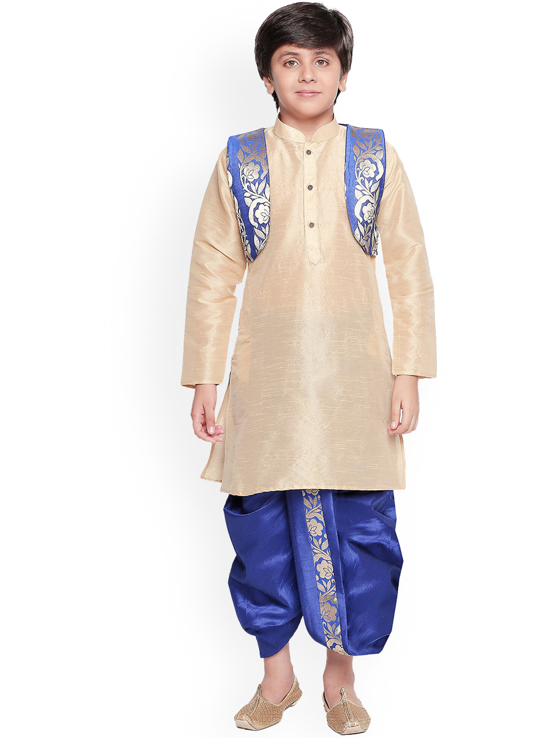 

BAESD Boys Mandarin Collar Silk Cotton Kurta with Dhoti Pants & Jacket, Cream