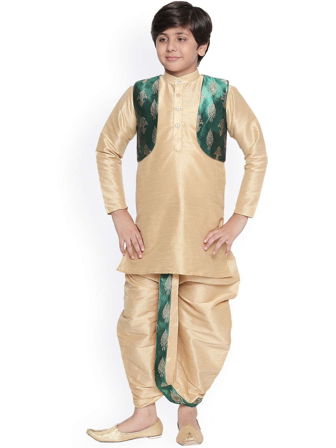 

BAESD Boys Mandarin Collar Silk Cotton Kurta with Dhoti Pants & Jacket, Cream