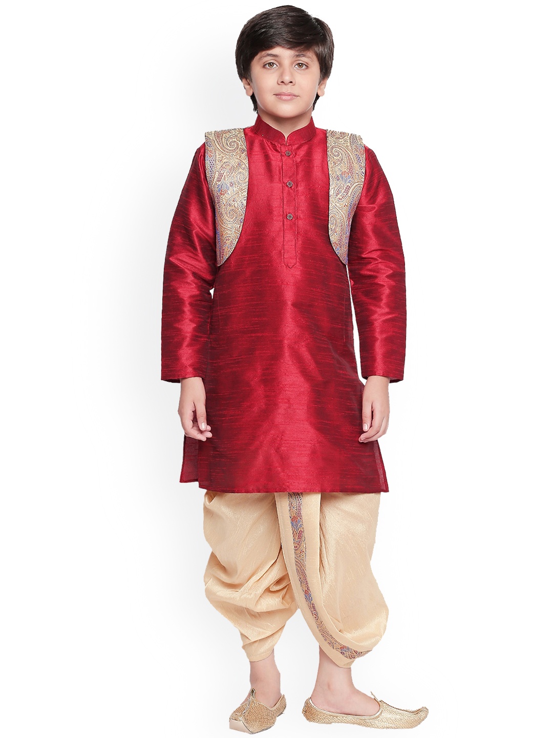 

BAESD Boys Straight Kurta with Dhoti Pants With Jacket, Maroon