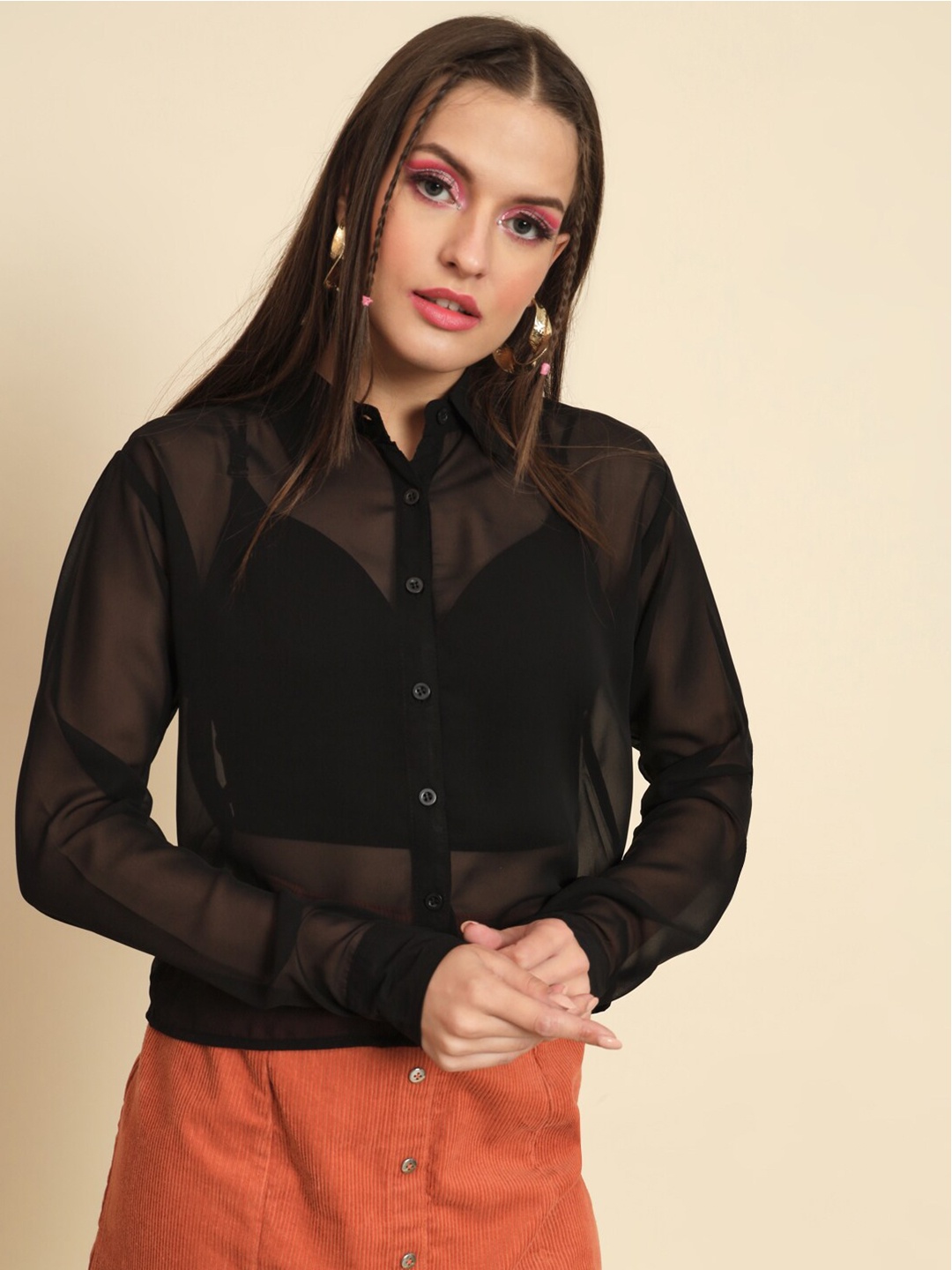 

MAZIE Comfort Semi Sheer Georgette Casual Shirt, Black