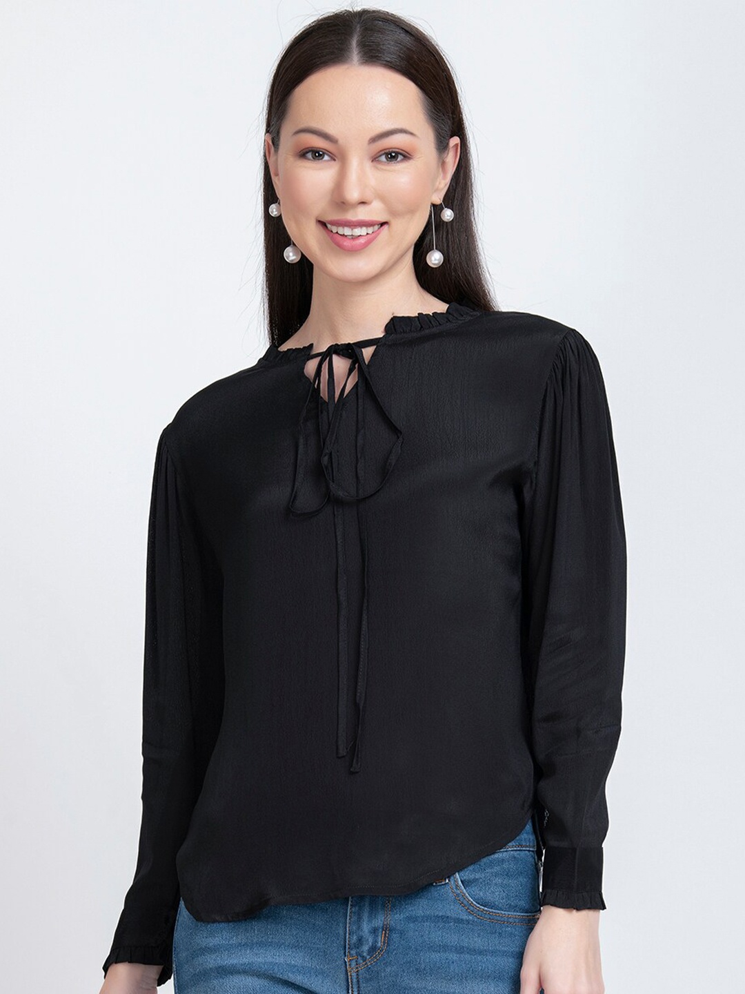 

urSense Tie-Up Neck Cuffed Sleeves Georgette Top, Black