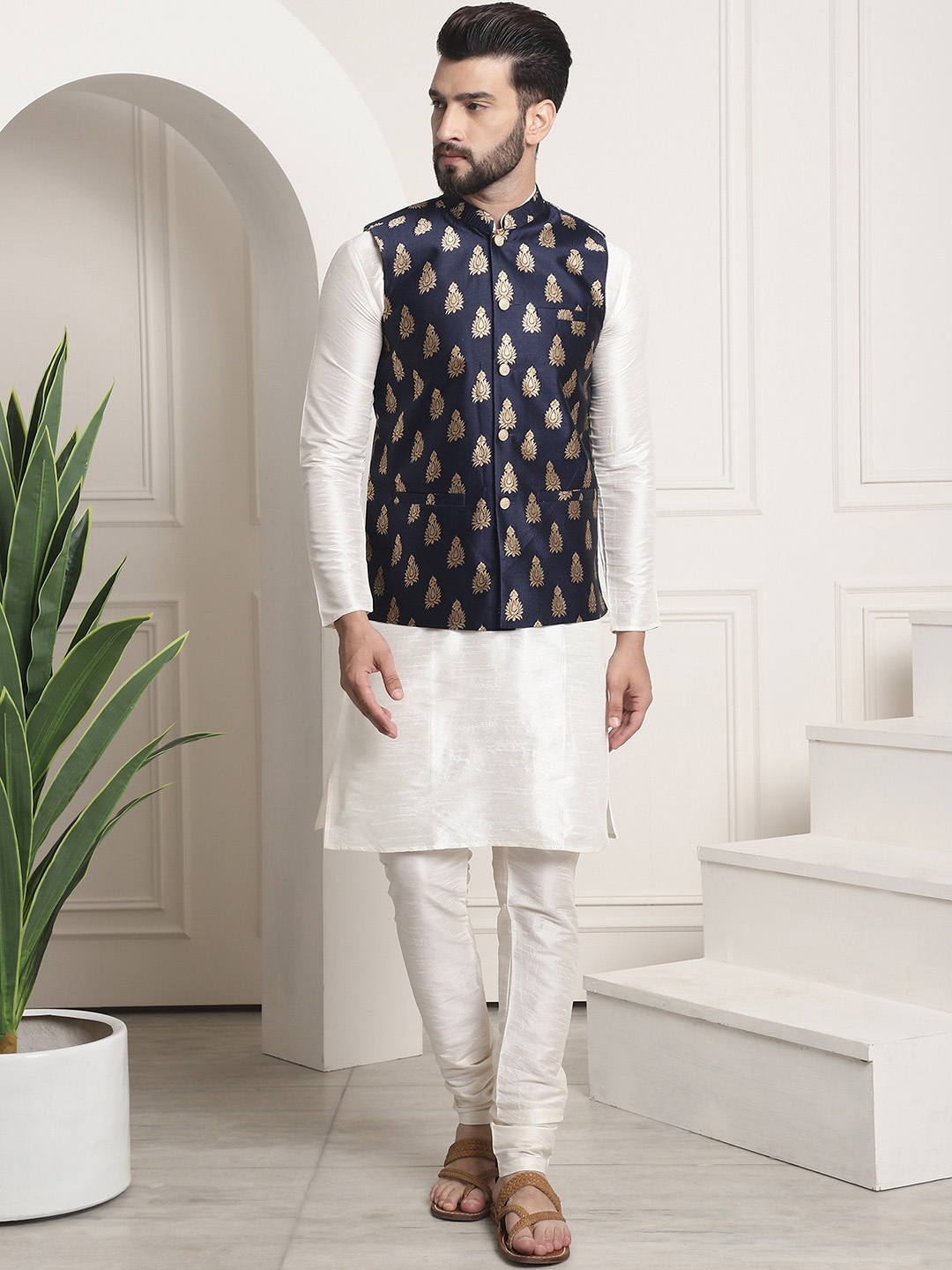 

SOJANYA Mandarin Collar Kurta With Churidar & Nehru Jacket, White