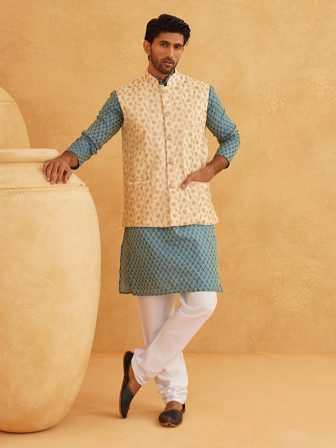

SOJANYA Woven Design Mandarin Collar Kurta with Churidar & Nehru Jacket, Blue