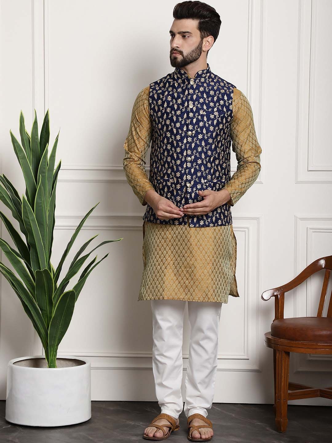 

SOJANYA Woven Design Mandarin Collar Kurta with Churidar & Nehru Jacket, Mustard