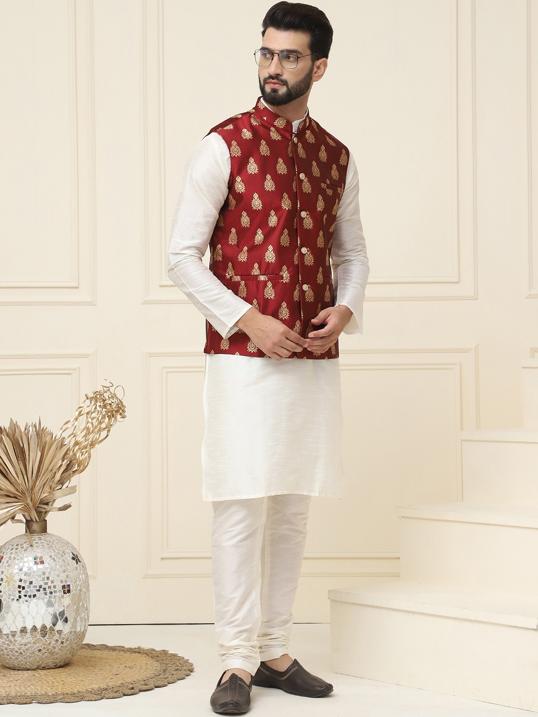 

SOJANYA Mandarin Collar Kurta with Churidar & Nehru Jacket, Cream