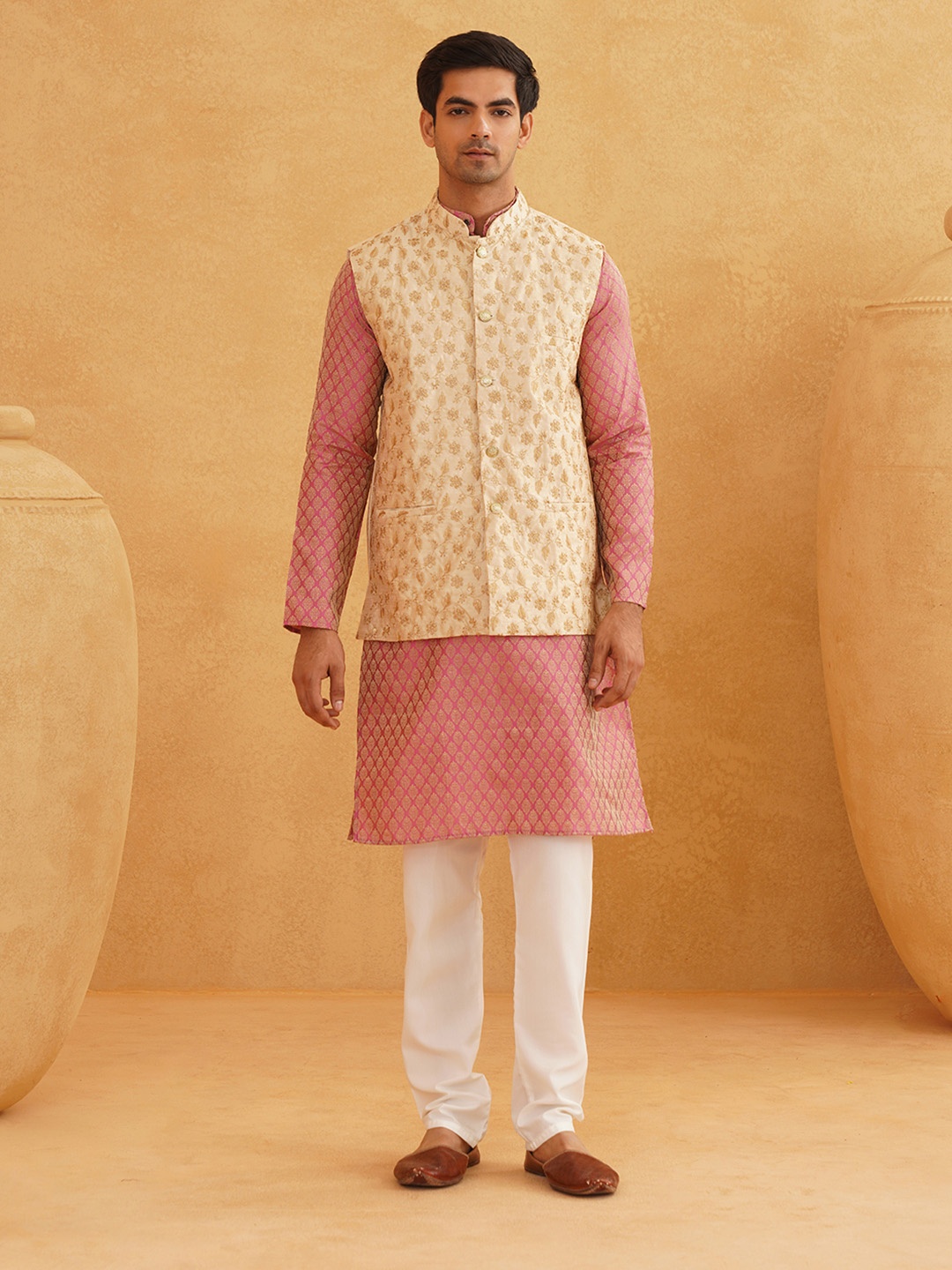 

SOJANYA Woven Design Mandarin Collar Kurta with Churidar & Nehru Jacket, Pink