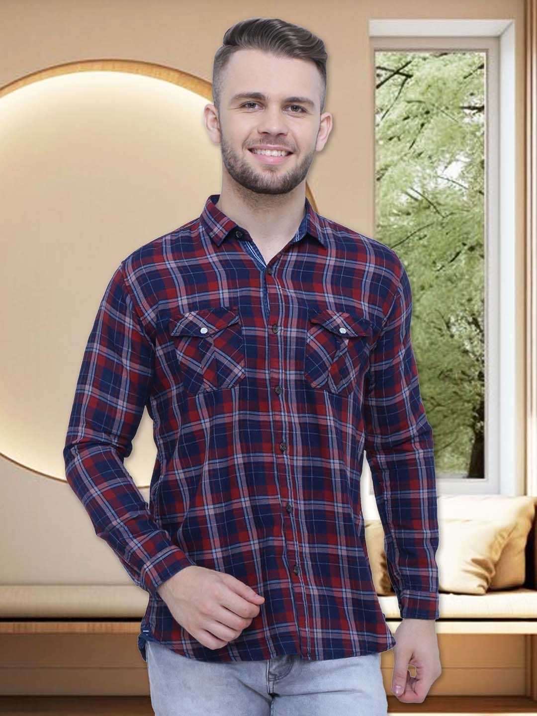 

Kuons Avenue Smart Slim Fit Tartan Checks Checked Cotton Casual Shirt, Navy blue