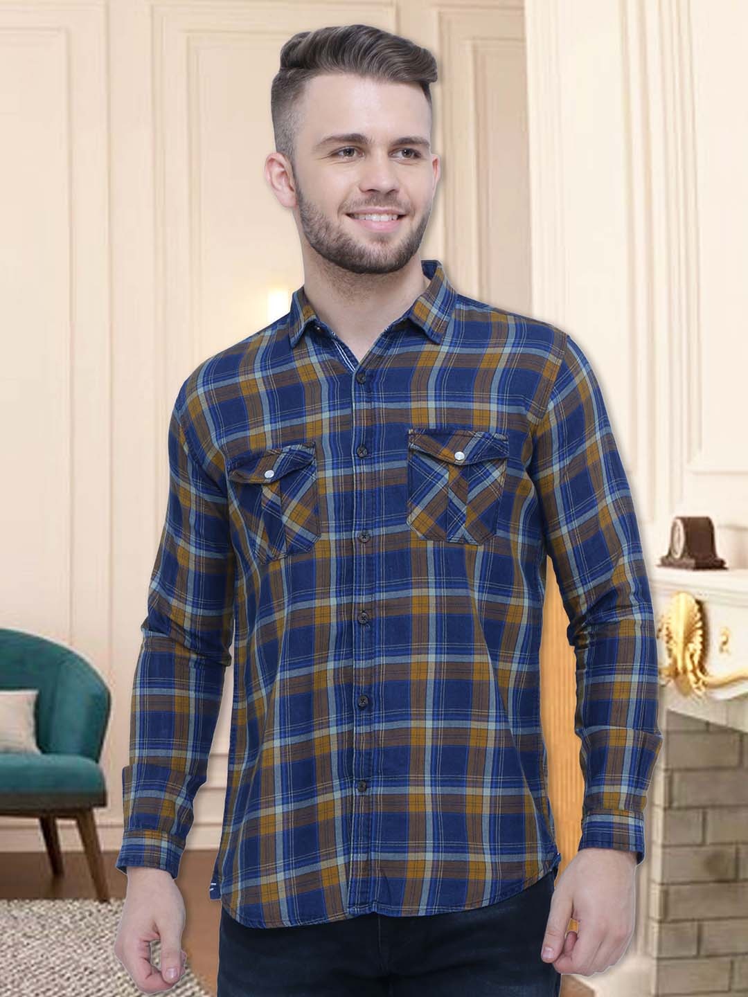 

Kuons Avenue Smart Slim Fit Tartan Checks Checked Cotton Casual Shirt, Blue
