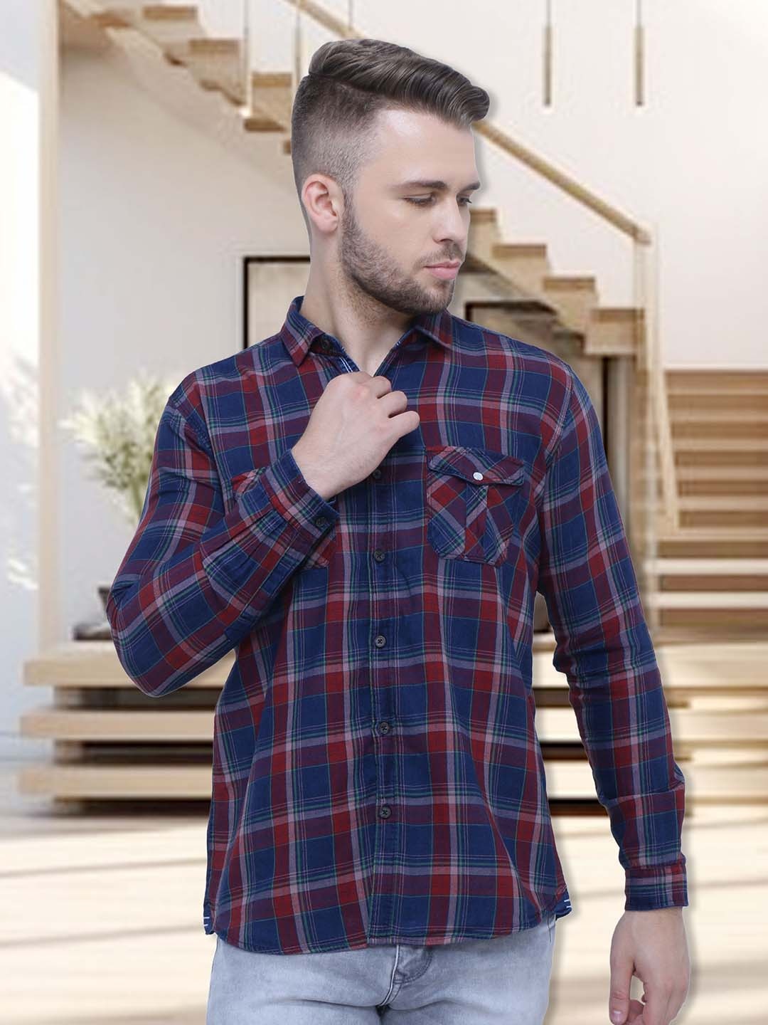 

Kuons Avenue Smart Slim Fit Tartan Checks Checked Cotton Flannel Casual Shirt, Navy blue