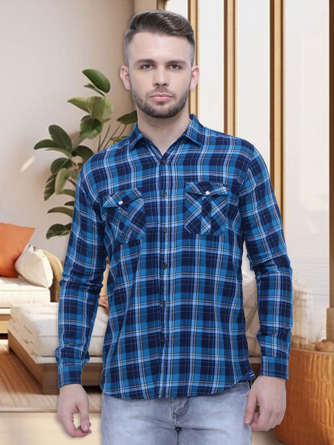

Kuons Avenue Smart Slim Fit Tartan Checks Checked Cotton Flannel Casual Shirt, Blue