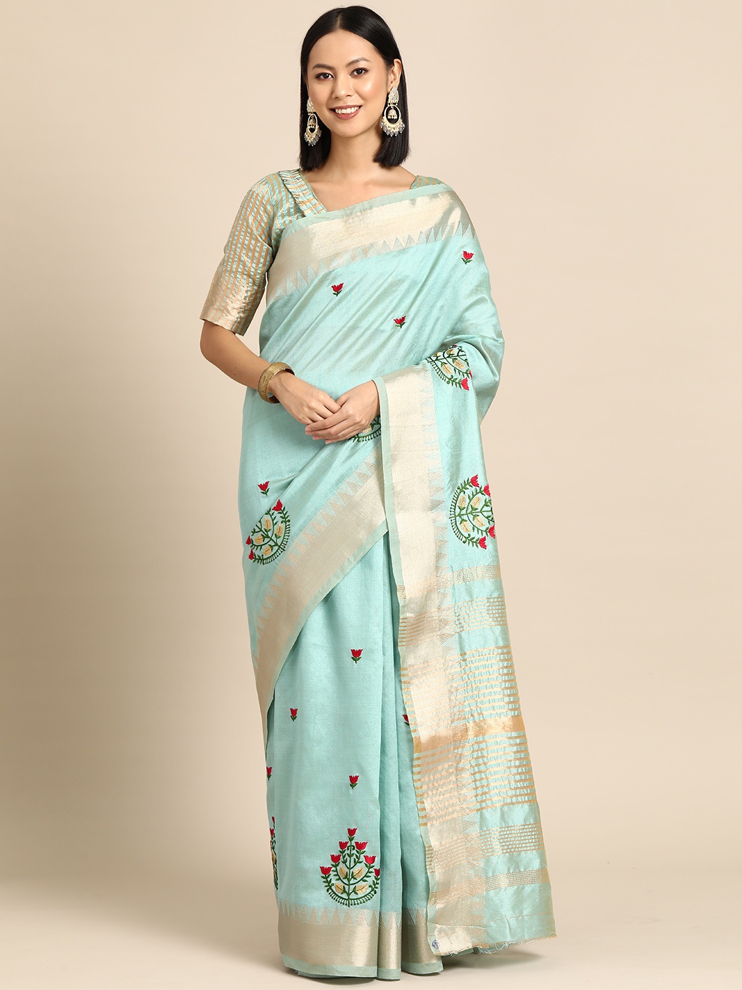 

SERONA FABRICS Floral Zari Banarasi Saree, Turquoise blue
