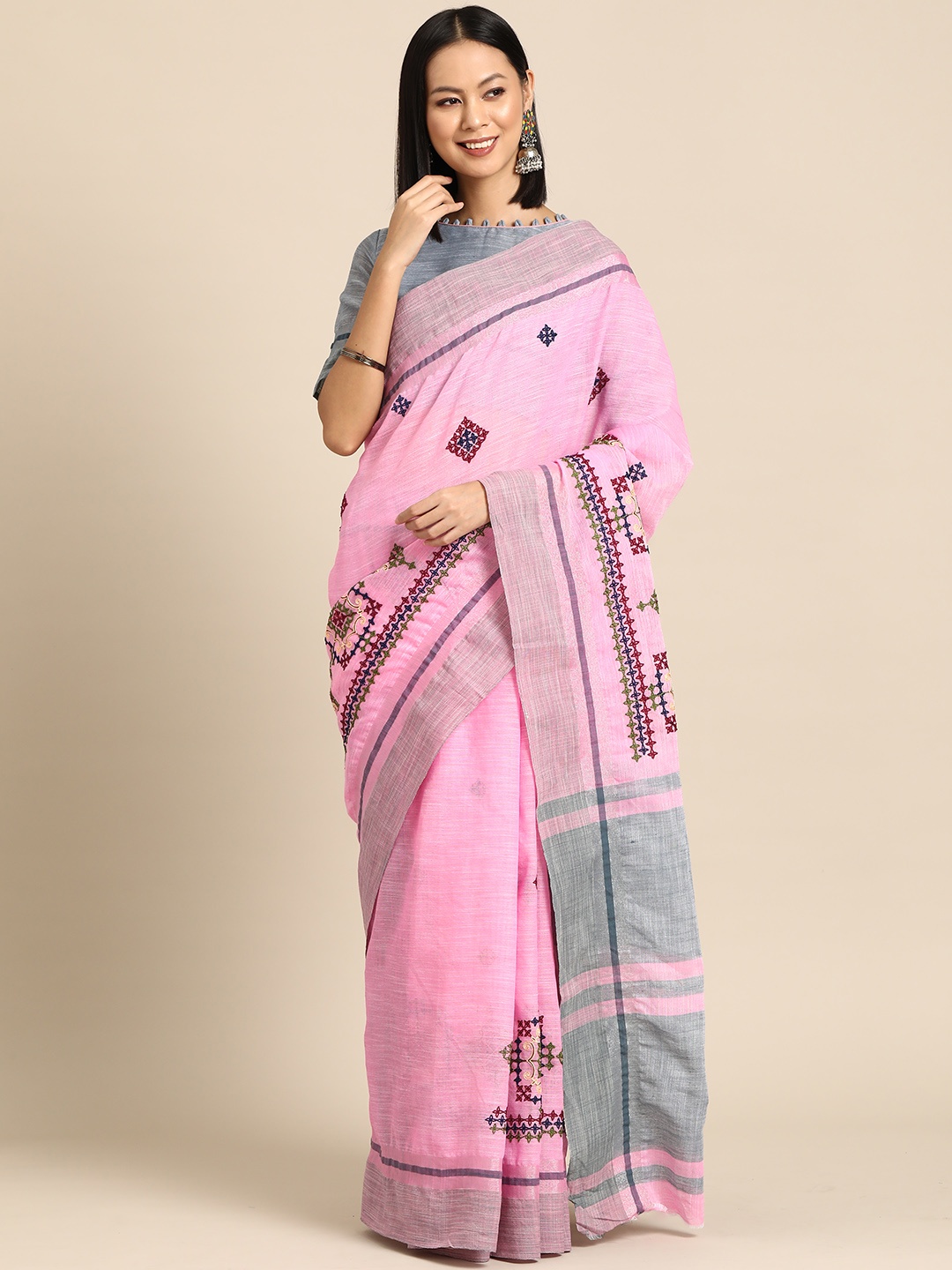 

SERONA FABRICS Geometric Embroidered Linen Cotton Saree, Pink