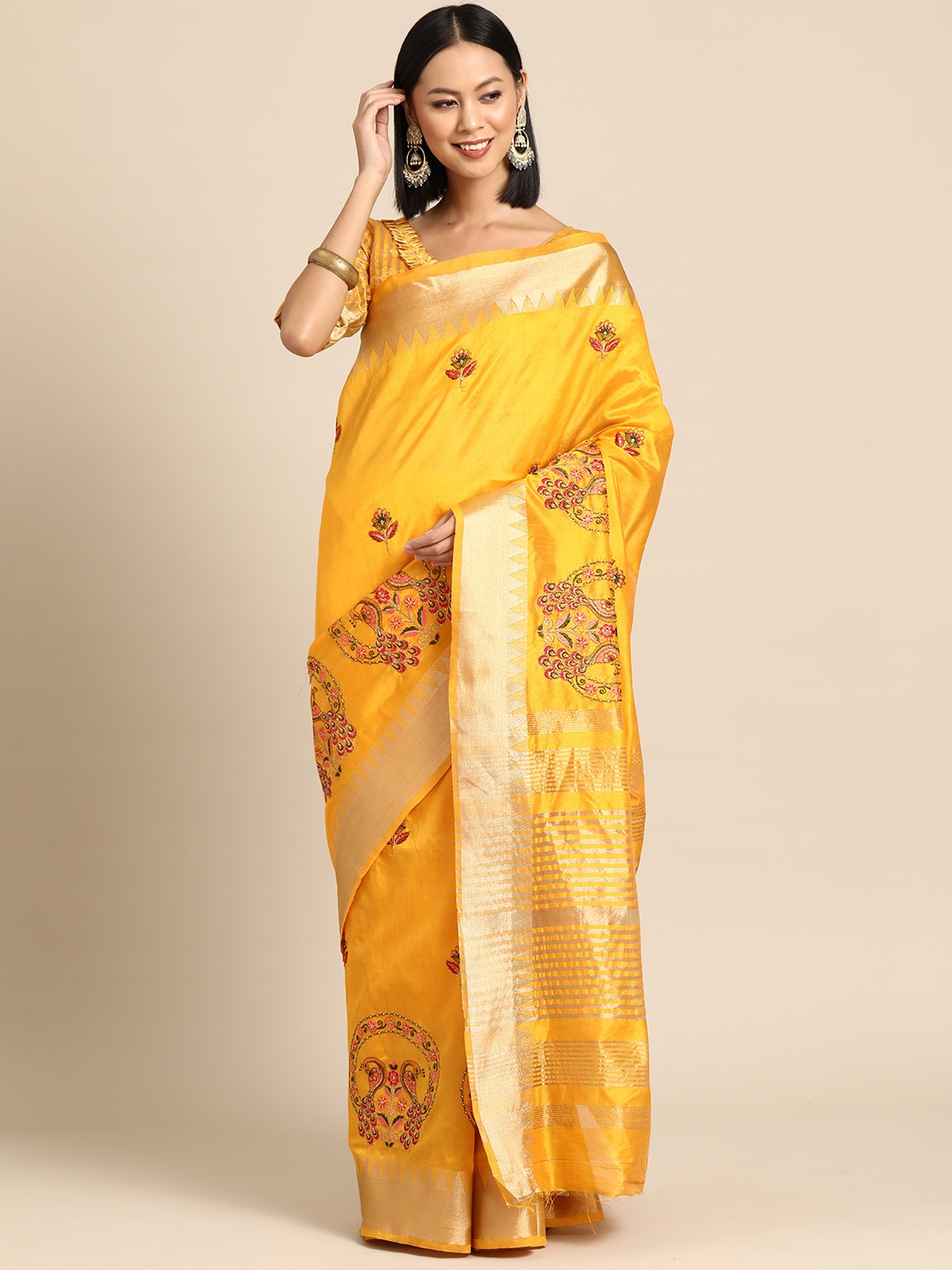 

SERONA FABRICS Ethnic Motifs Zari Banarasi Saree, Yellow