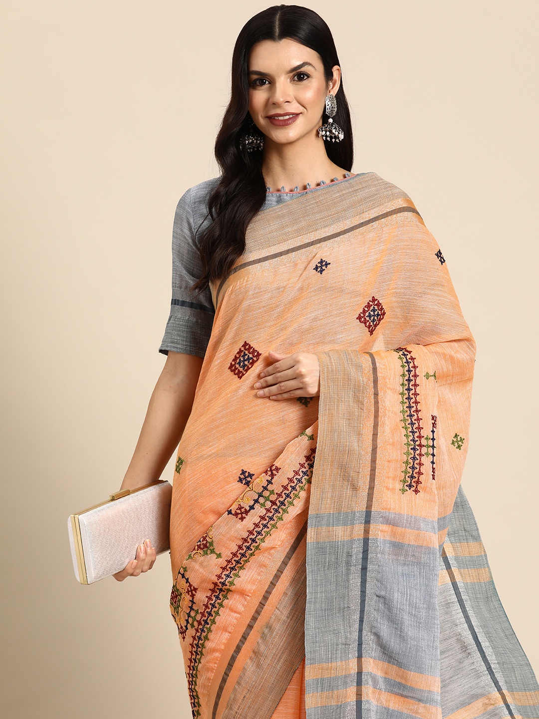 

SERONA FABRICS Ethnic Motifs Embroidered Linen Cotton Saree, Orange