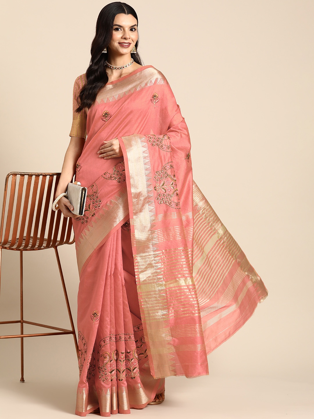 

SERONA FABRICS Ethnic Motifs Embroidered Zari Banarasi Saree, Peach