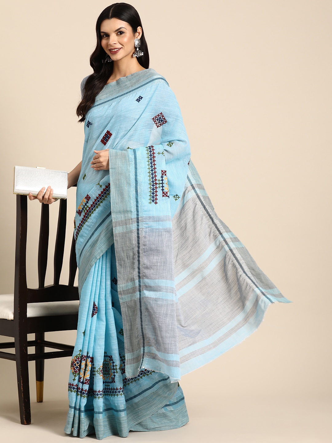 

SERONA FABRICS Geometric Embroidered Linen Cotton Saree, Turquoise blue