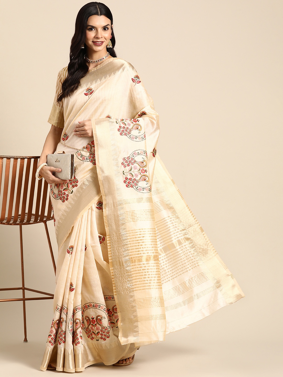 

SERONA FABRICS Floral Embroidered Zari Banarasi Saree, Cream