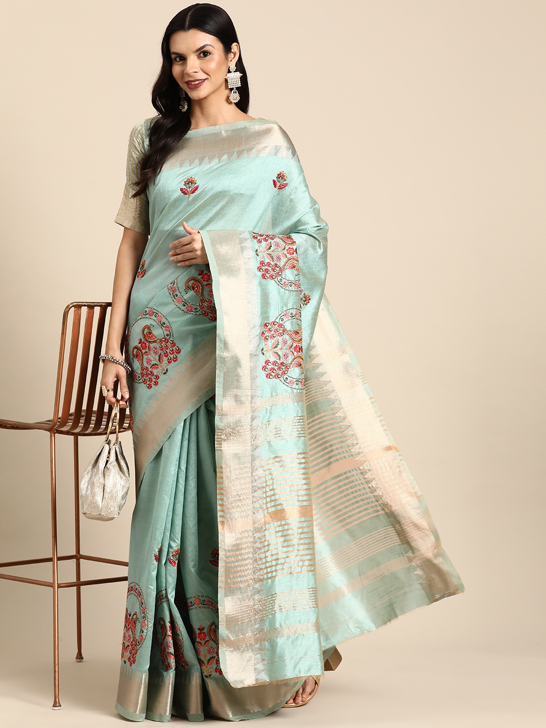 

SERONA FABRICS Floral Embroidered Zari Banarasi Saree, Turquoise blue