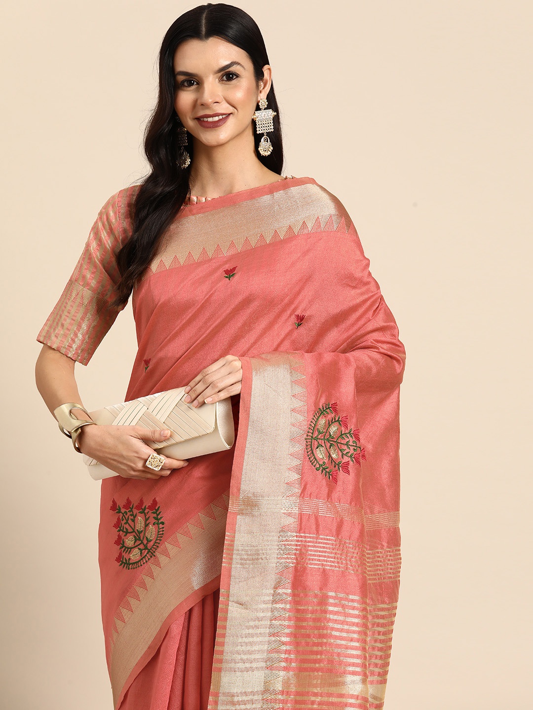 

SERONA FABRICS Floral Embroidered Zari Banarasi Saree, Peach