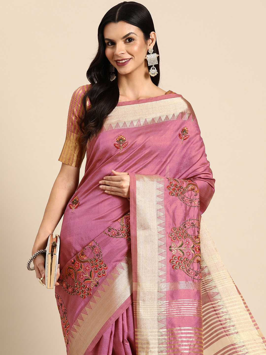 

SERONA FABRICS Floral Embroidered Zari Banarasi Saree, Pink