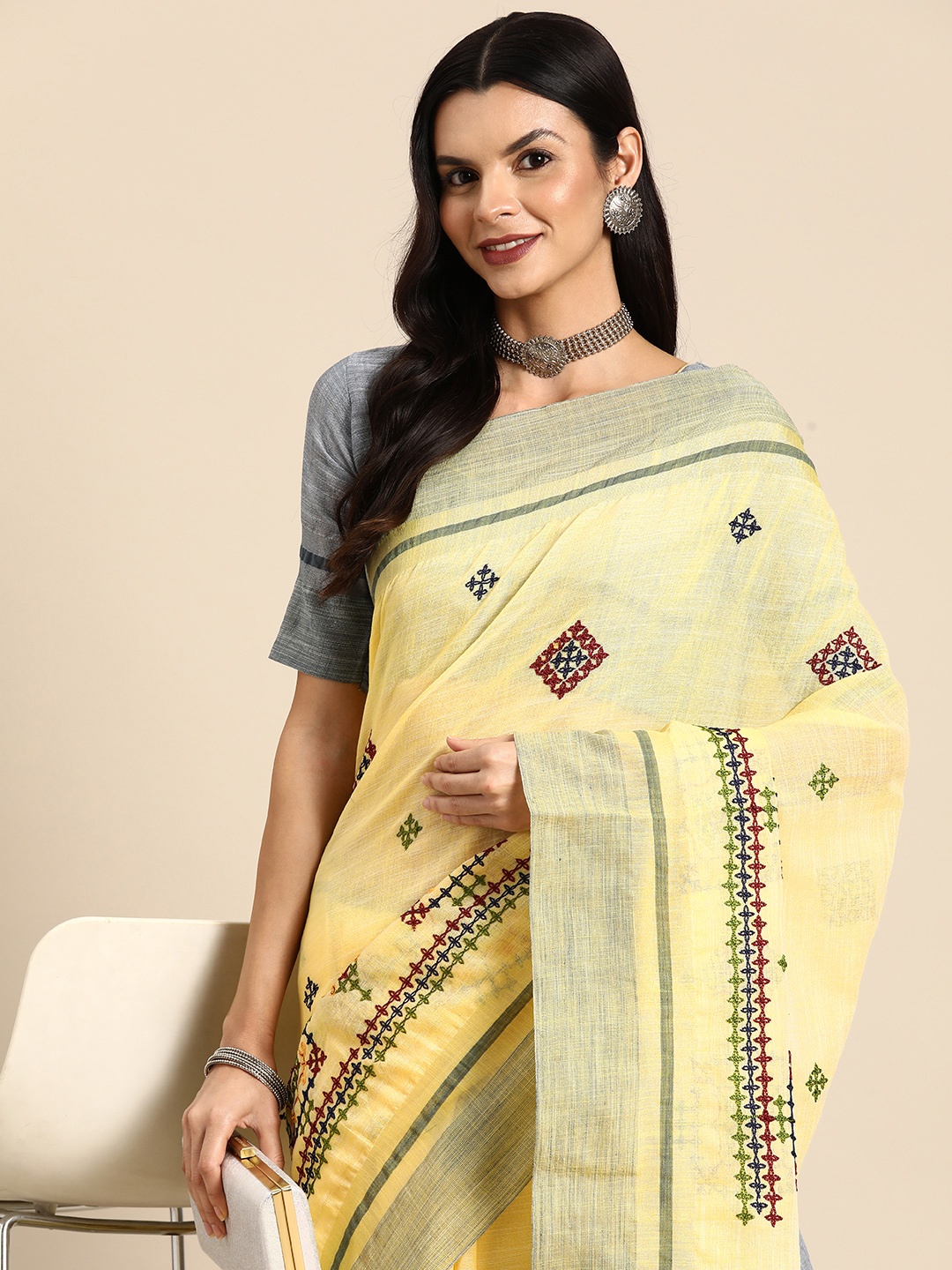 

SERONA FABRICS Embroidered Linen Cotton Saree, Yellow