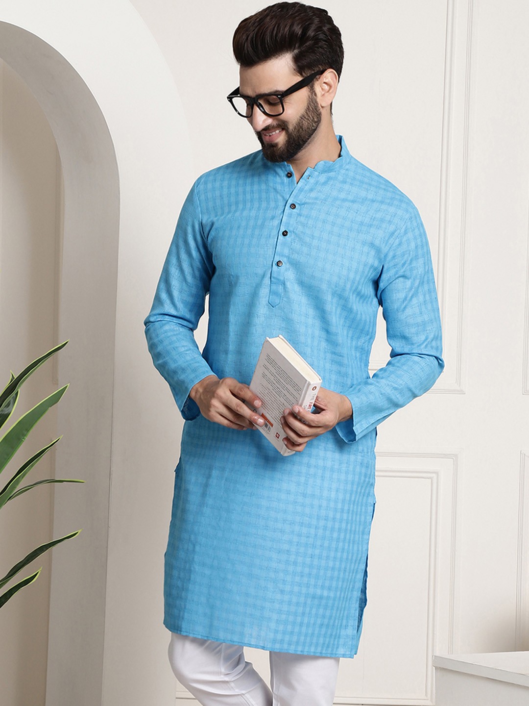 

SOJANYA Checked Mandarin Collar Long Sleeves Straight Kurta, Blue