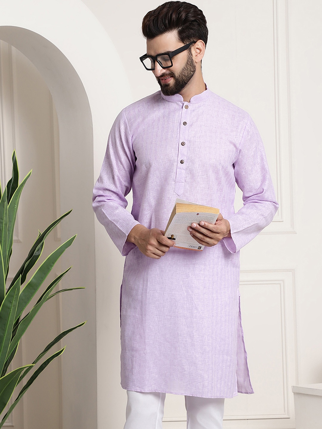 SOJANYA Checked Mandarin Collar Long Sleeves Straight Kurta, Purple