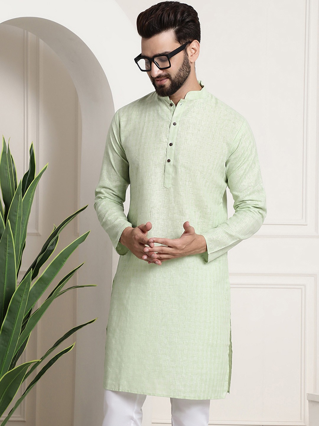 

SOJANYA Checked Mandarin Collar Long Sleeves Straight Kurta, Green