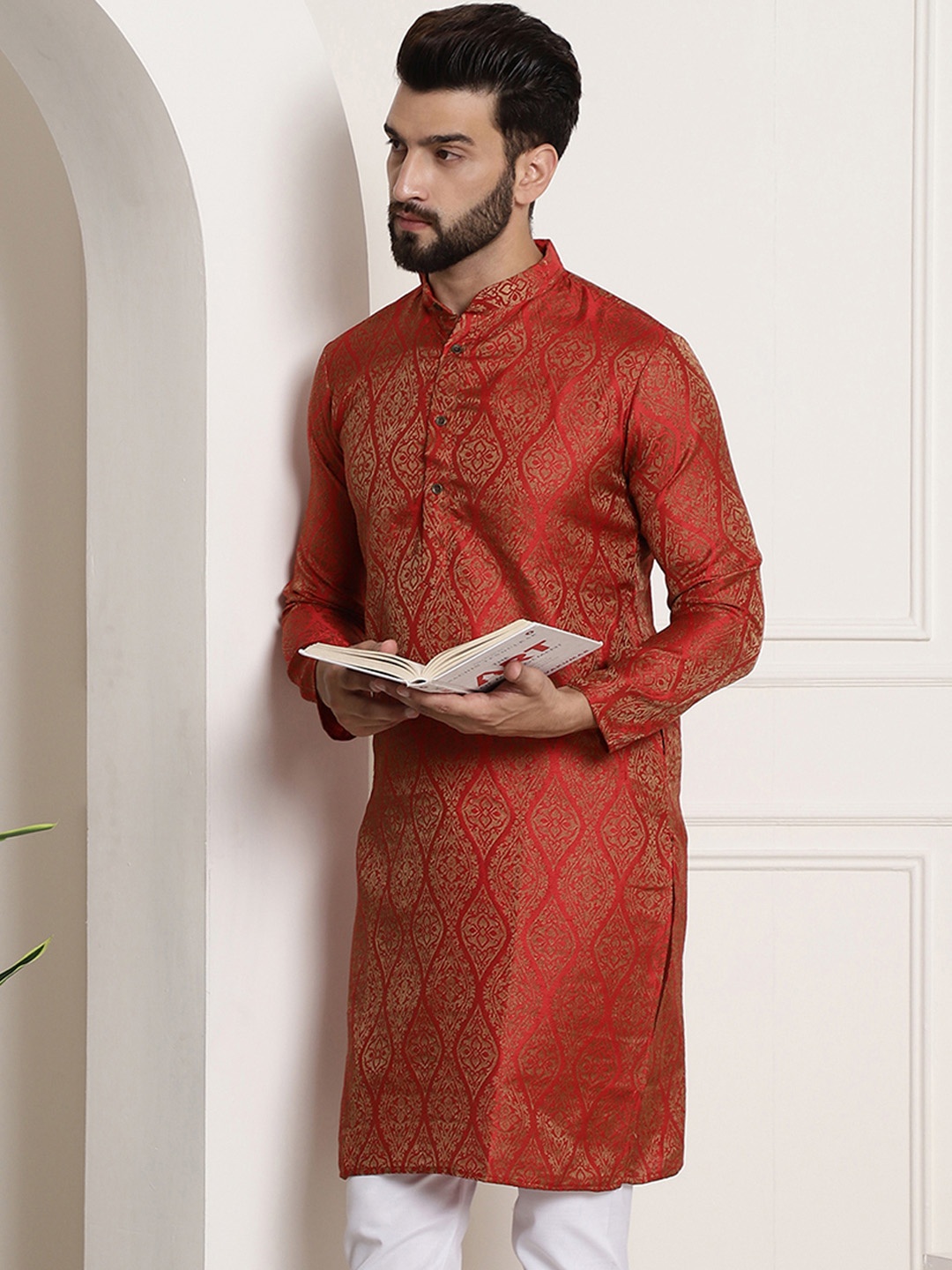 SOJANYA Ethnic Motifs Woven Design Band Collar Straight Kurta, Red