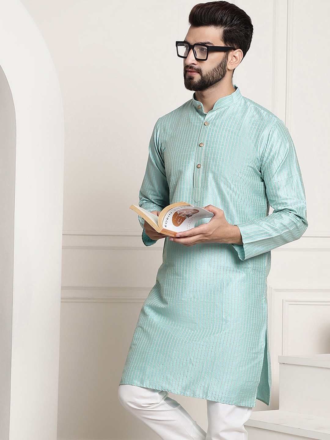 

SOJANYA Striped Band Collar Straight Kurta, Sea green
