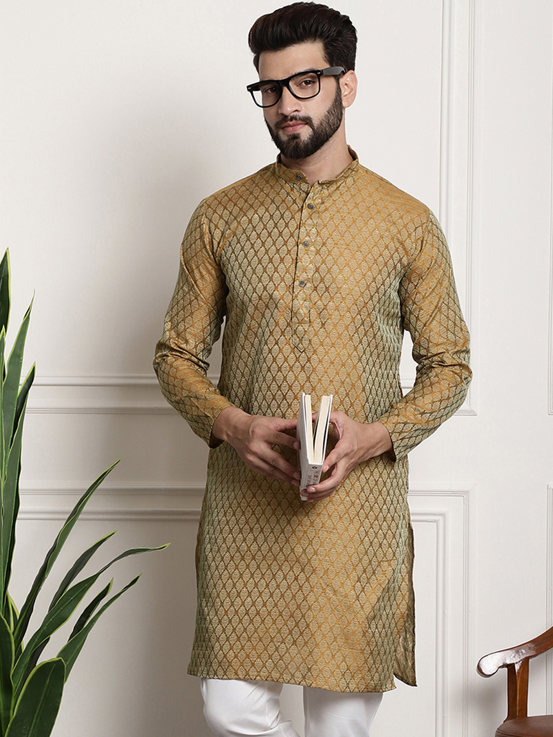 

SOJANYA Ethnic Motifs Woven Design Band Collar Straight Kurta, Mustard